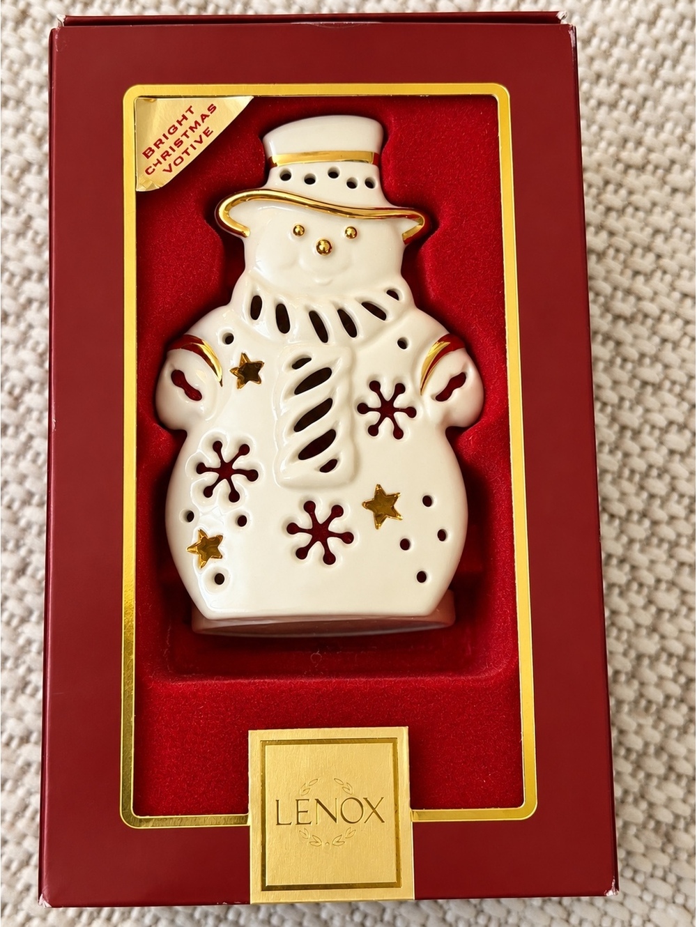 Lenox Bright Christmas Snowman Ornament Porcelain Gold Trim SKU 760566 Box
